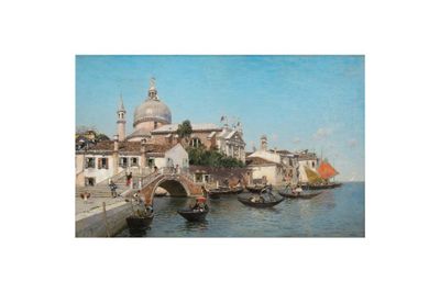 un tableau représentant une vue de ville avec des bateaux sur l'eau