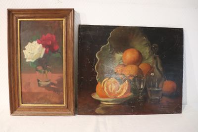 two paintings of oranges and roses in a glass vase on a table