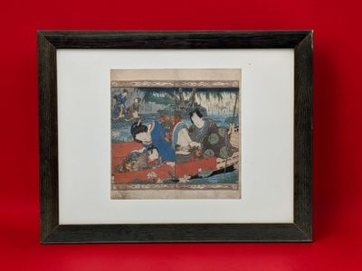 a framed picture of a group of people sitting on a red surface