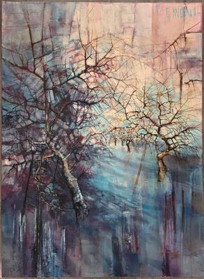 peinture abstraite représentant un arbre au milieu d'un lac