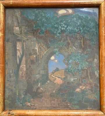 une peinture à l'huile représentant un homme et une femme dans un décor boisé