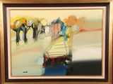 a painting of people walking down the street in the rain