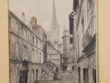 drawing of a street scene with a church steeple in the background