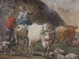 a painting of a man riding on the back of a cow