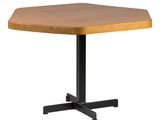 a close up of a wooden table with a metal base