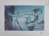 drawing of a woman leaning on a wall with a man in the background