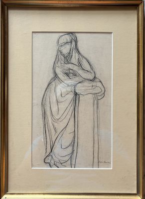 dessin représentant une femme assise sur un rebord, une canne à la main