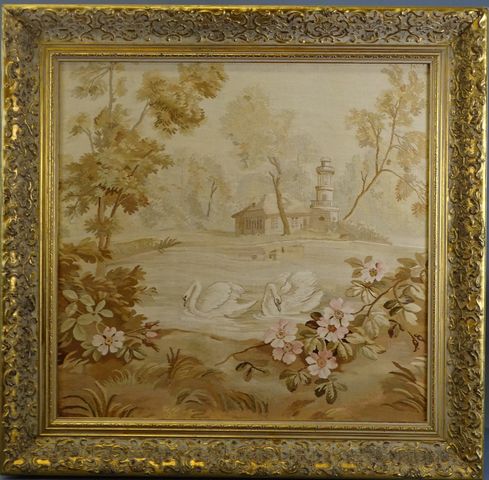 Tapisserie d’Aubusson « verdure aux cygnes » encadrée. 55 x 57. (...