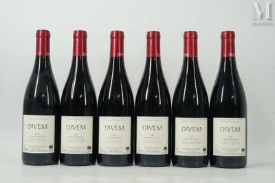 six bottles of wine are lined up in a row