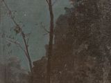 an old painting of a tree with a moon in the sky