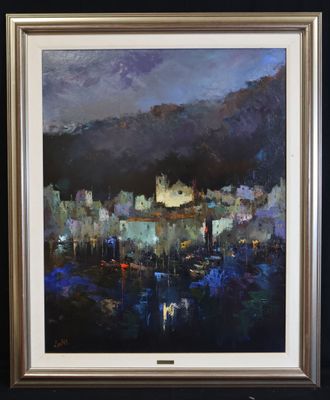 une peinture à l'huile représentant un paysage urbain avec une montagne en arrière-plan