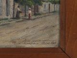 a painting of a woman walking down the street