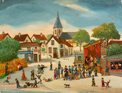 a painting of a street scene with people and animals
