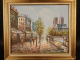 an oil painting of a street scene with people walking down the street