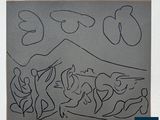 drawing of a group of people in a field with a mountain in the background