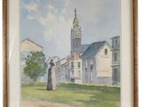aquarelle encadrée représentant une église avec une statue devant