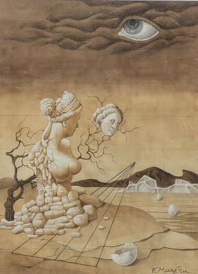 une image représentant un tableau où l'on voit une femme assise sur un rocher au milieu du désert