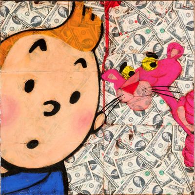 a picture of a painting of a boy and a cat on a pile of money