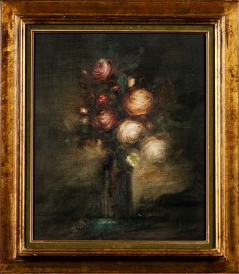 an oil painting of a vase of flowers on a table