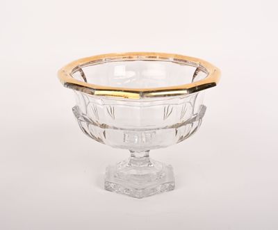 un bol en verre transparent bordé d'or, posé sur un fond blanc