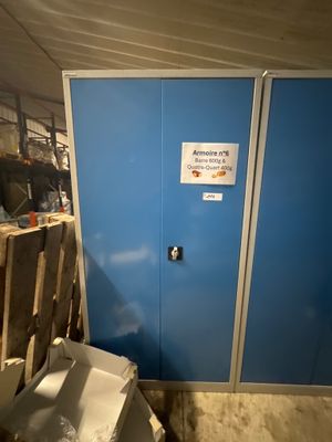 des toilettes et un urinoir dans une pièce dont la porte est bleue