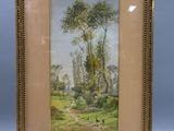 un tableau représentant un paysage avec une rivière et des arbres