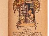 an old book with a picture of a woman sitting at a window