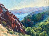 une peinture à l'huile représentant un paysage de montagne avec un lac au loin