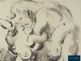 a black and white drawing of an elephant and a baby
