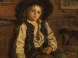 painting of a young boy sitting on a bench in a room