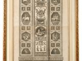 an old drawing of a door with many different designs on it