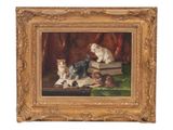 painting of a group of cats sitting on books on a table