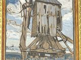 tableau représentant un moulin à vent dans un champ, avec un ciel nuageux en arrière-plan