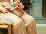 a painting of a young girl sitting on a chair reading a book