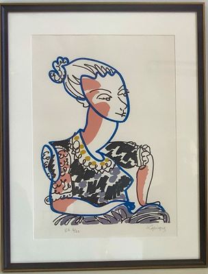 tableau représentant une femme vêtue d'une robe noire et blanche, avec une fleur dans les cheveux