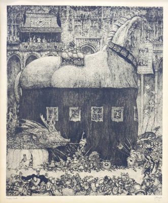 a black and white drawing of a horse standing in front of a building
