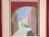 painting of a narrow street in a red frame with a blue sky