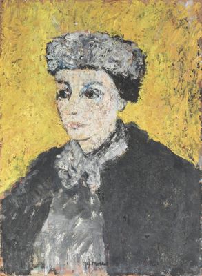 tableau représentant une femme vêtue d'un manteau noir et d'un chapeau blanc