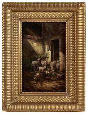 une image représentant un tableau où l'on voit des moutons dans une grange, avec un homme en train de les nourrir