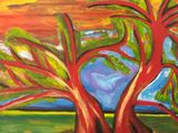 painting of a tree in a field with a sunset in the background