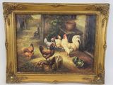 une peinture à l'huile représentant des poulets et des choux dans un décor de ferme