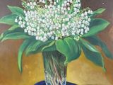 a painting of a vase of flowers on a blue cloth