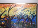 painting of a painting of trees in a forest with a yellow sky in the background