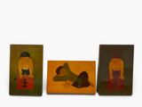 three paintings of a man and a woman sitting on a bench