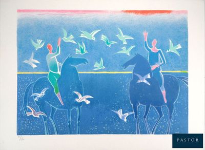 un tableau représentant deux personnes à cheval, avec des oiseaux qui volent autour d'elles