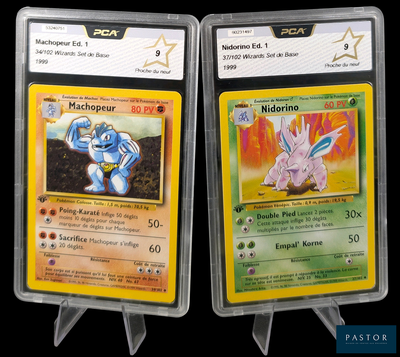 deux cartes Pokémon dans des pochettes en plastique sur un fond noir