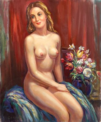 une peinture à l'huile représentant une femme nue assise sur une chaise, entourée de fleurs