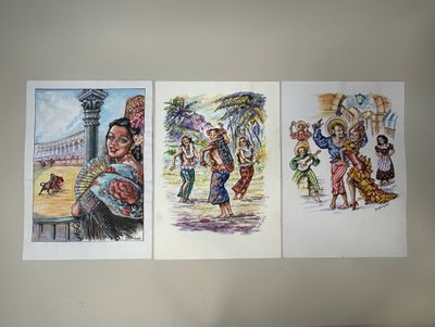 trois aquarelles représentant une femme tenant un bébé dans ses bras et un homme tenant un enfant