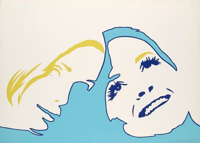 une image représentant une affiche bleue et jaune sur laquelle figurent une femme et un homme