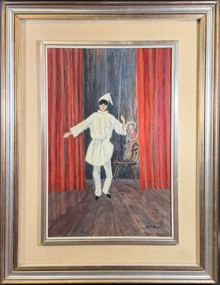 tableau représentant un homme en costume blanc debout devant un rideau rouge